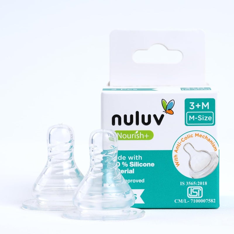 nuluv Nourish+ Wide Neck Silicone Nipple for Feeding Bottles, 3M+ M-Size, Anti-Colic Mechanism, 100% Soft Silicone, BPA-Free, BIS Approved, Pack of 2 - Image 1